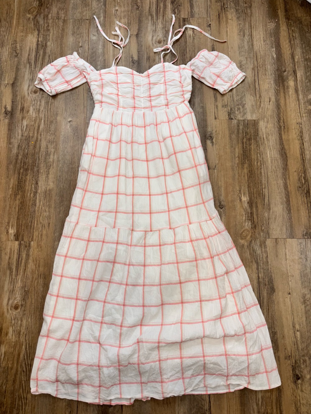 Universal Thread White Smocked Maxi Dress with Pink Windowpane Check